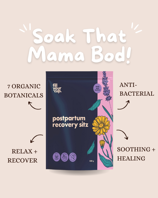 Fill Your Cup Postpartum Recovery Sitz contains seven organically grown botanicals, has antibacterial and anti-inflammatory properties. Sit, relax and soothe your Mama bod. 