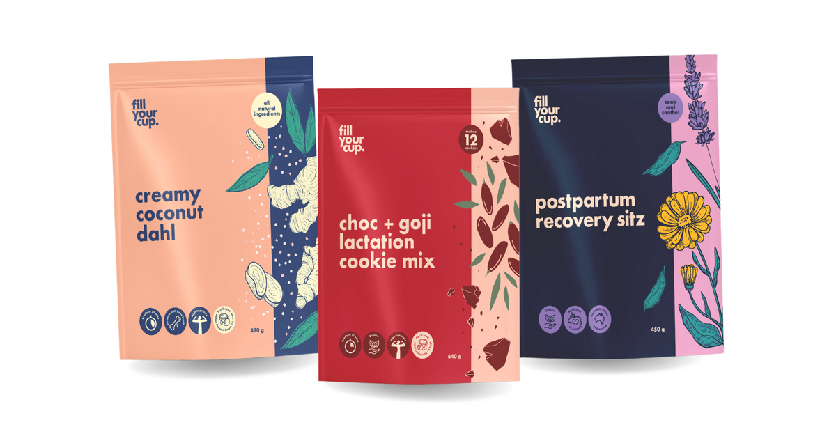Fill Your Cup Mama Bundle includes our ugly delicios Creamy Coconut Dahl mix, Chocolate + Goji Lactaction Cookie Mix and Postpartum Recovery Sitz. The Perfect Bundle for a New Mama who wants to be nurtured and nourished. 